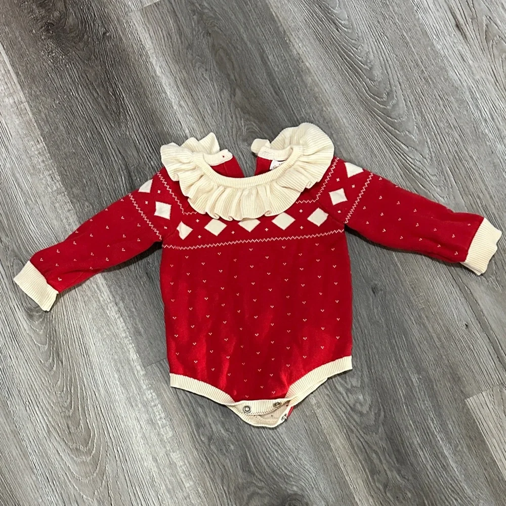 Cat & Jack Red and Cream Bodysuit with Ruffled Collar